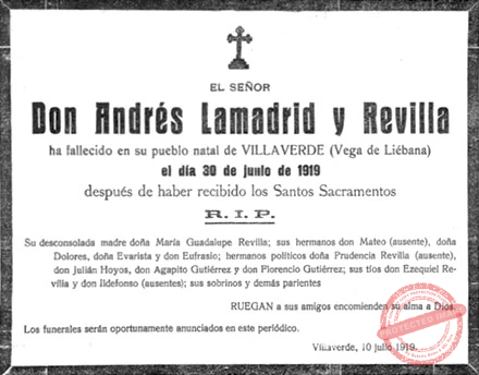 Esquela fúnebre de Andrés Lamadrid y Revilla (Q.E.P.D).
