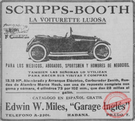 Publicidad del automóvil Scripps-Booth vendido por Edwin W. Miles en 1915.