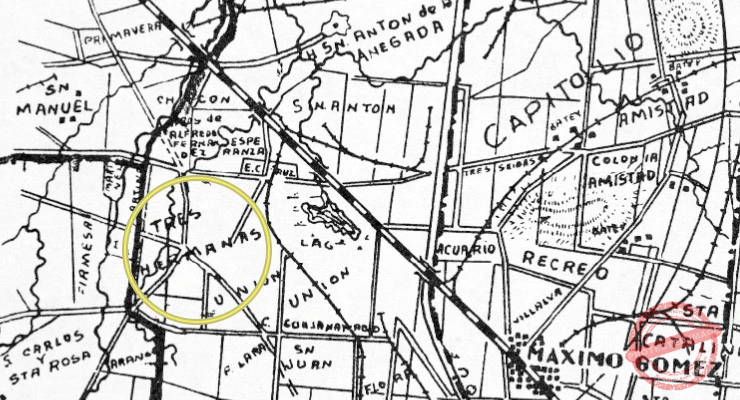 Localización de la finca Tres Hermanas, arrendada por Waldo Fernández, en el término de Máximo Gómez, Matanzas, hacia 1943.