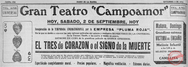 Publicidad cinematográfica del Tres de Corazón en el Teatro Campoamor, Habana. Diario de la Marina 2 de septiembre 1916.