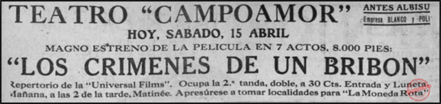 Publicidad de película en el Teatro Campoamor, Habana. Diario de la Marina 15 de abril 1916.