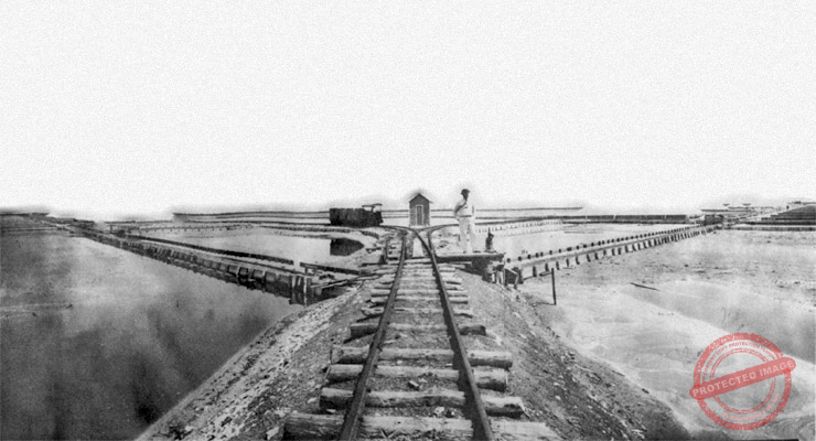 Lagos artificiales y línea ferroviaria en la salina propiedad de Reguera, Brooks, Bernard y Cía., S. en C. en Isabela de Sagua.