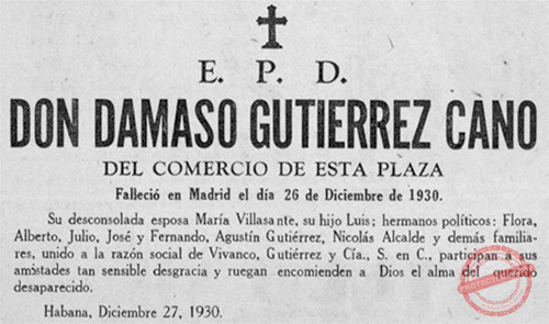 Esquela fúnebre de Dámaso Gutiérrez Cano.