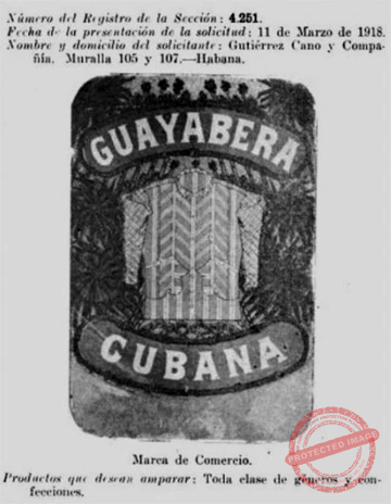 Gutiérrez Cano y Compañía. Marca de comercio Guayabera Cubana solicitada en 1918.