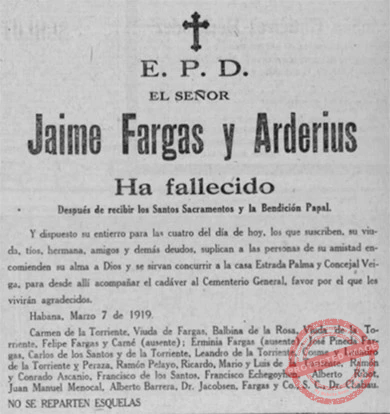 Esquela fúnebre de Jaime Fargas y Arderius.