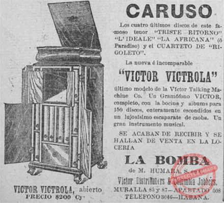 M. Humara, S. en C. publicidad y gramófono Victor Victrola, Habana ca. 1907.M. Humara, S. en C. publicidad y gramófono Victor Victrola, Habana ca. 1907.