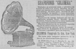 Publicidad de los grafófonos Columbia vendidos por M. Humara, S. en C., Habana ca. 1906.