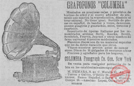 Publicidad de los grafófonos Columbia vendidos por M. Humara, S. en C., Habana ca. 1906.