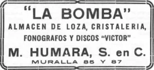 M. Humara, S. en C. publicidad de “La Bomba” almacén de loza, cristalería, fonógrafos y discos Víctor en la Habana ca. 1920.