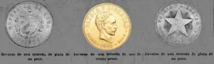 Moneda cubana y su primera remesa en 1915. Moneda de plata de un peso y otra de veinte de oro. Cuba, ca. 1915.