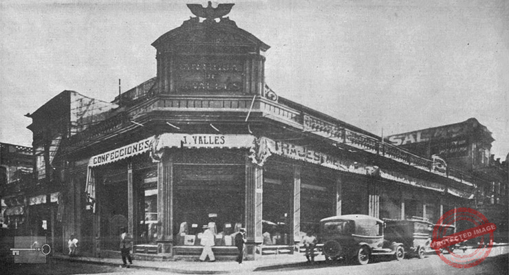 Edificio que ocupó la sastrería “Antigua de J. Vallés” en la esquina de San Rafael e Industria, Habana ca. 1918.