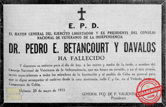 Esquela fúnebre del mayor general del Ejército Libertador Pedro Betancourt y Dávalos.