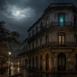 Recreación nocturna del antiguo Hotel La Unión, asociado a la leyenda del Hotel Embrujado de Sagua la Grande.