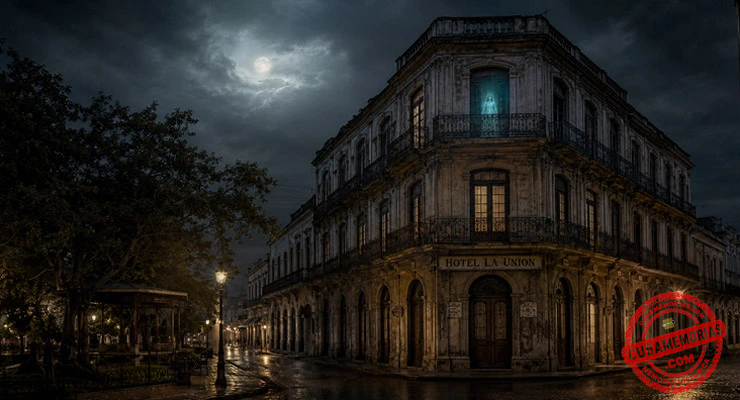 Recreación nocturna del antiguo Hotel La Unión, asociado a la leyenda del Hotel Embrujado de Sagua la Grande.