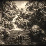 Recreación del Charco del Güije, en Sagua la Grande, con el monstruo de la leyenda emergiendo del agua, en estilo de cine silente de 1909.