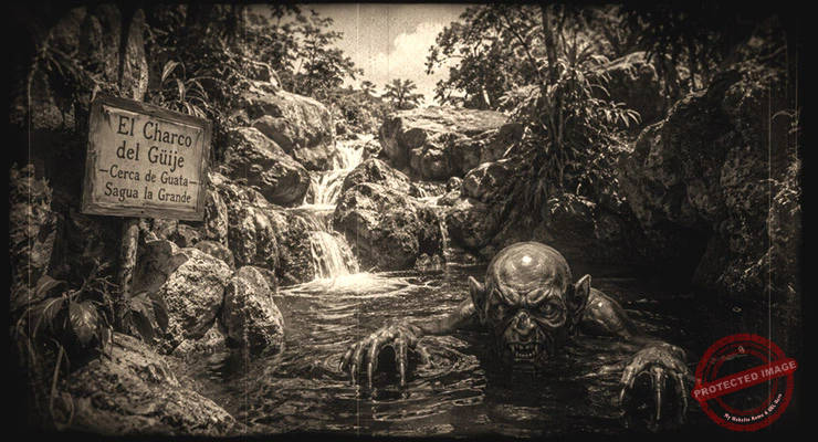Recreación del Charco del Güije, en Sagua la Grande, con el monstruo de la leyenda emergiendo del agua, en estilo de cine silente de 1909.