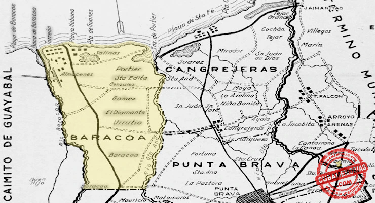 Plano de Baracoa y su playa cuando pertenecían al término municipal de Bauta, antigua provincia de La Habana, hacia 1943.