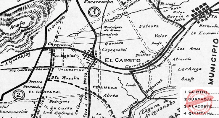 Plano histórico del municipio de Caimito del Guayabal cuando pertenecía a la provincia de La Habana, publicado por la Dirección General del Censo en 1943.