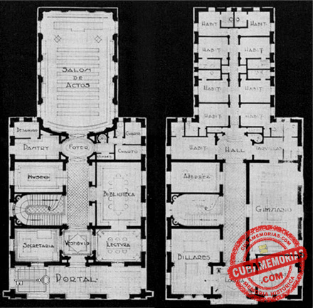 Planos de las dos plantas del proyecto para el edificio social de la Sociedad Cubana de Ingenieros, presentado por Hernández y Compañía.