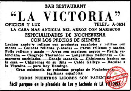 Publicidad del bar restaurante La Victoria en La Habana, ca. 1956.