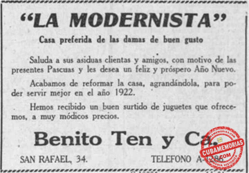 Publicidad de La Modernista, casa de modas propiedad de Benito Ten y Cía., publicada en 1921.