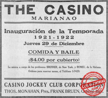 Publicidad de The Casino anunciando la inauguración de la temporada 1921-1922.