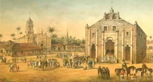 Vista de La Iglesia Mayor y de La Ermita del Buen Viaje en San Juan de Los Remedios. Álbum pintoresco de la Isla de Cuba, B. May y Ca. ca. 1855.