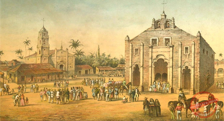 Vista de La Iglesia Mayor y de La Ermita del Buen Viaje en San Juan de Los Remedios. Álbum pintoresco de la Isla de Cuba, B. May y Ca. ca. 1855.