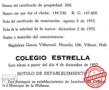 Certificado de propiedad del rótulo del establecimiento Colegio Estrella solicitado en 1952
