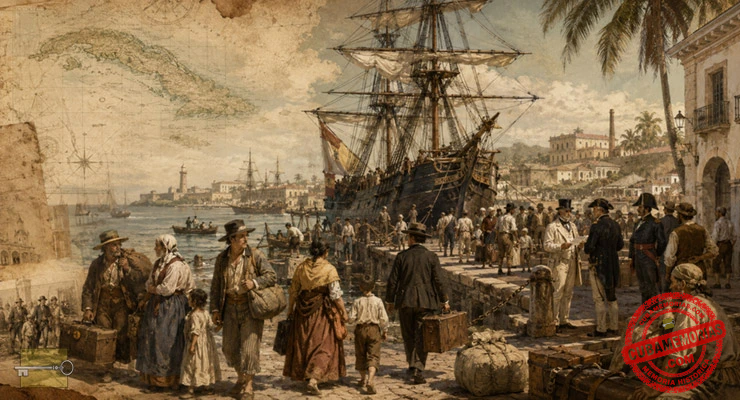 Recreación histórica de un puerto cubano con inmigrantes, barcos, equipajes y mapa antiguo de Cuba.