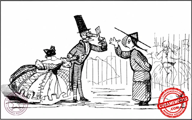 Caricatura titulada “Dando careta” en un baile carnavalesco de Tacón, publicada por Geo W. Carleton en 1865.