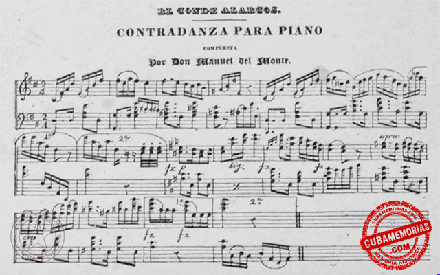 Partitura de El conde Alarcos, contradanza para piano compuesta por Manuel del Monte y publicada en El Plantel en 1838.