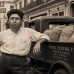 Recreación histórica de El Pelele González Veda junto a un camión con sacos de papas en La Habana de 1937.