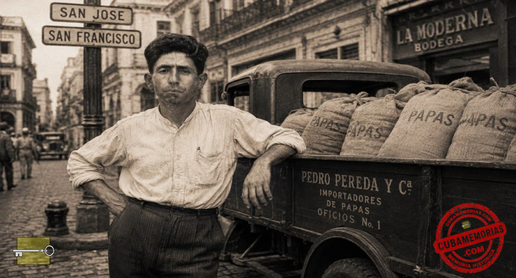 Recreación histórica de El Pelele González Veda junto a un camión con sacos de papas en La Habana de 1937.