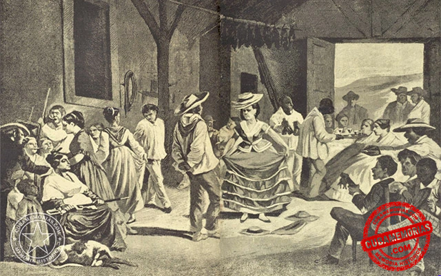 Escena del zapateo cubano con una pareja de bailarines y varios espectadores, publicada en 1880.