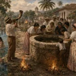 Ilustración de la fiesta de San Juan en Cuba, con mujeres bañándose en el río, vecinos mirando el fondo de un pozo y un hombre tocando un guamo.
