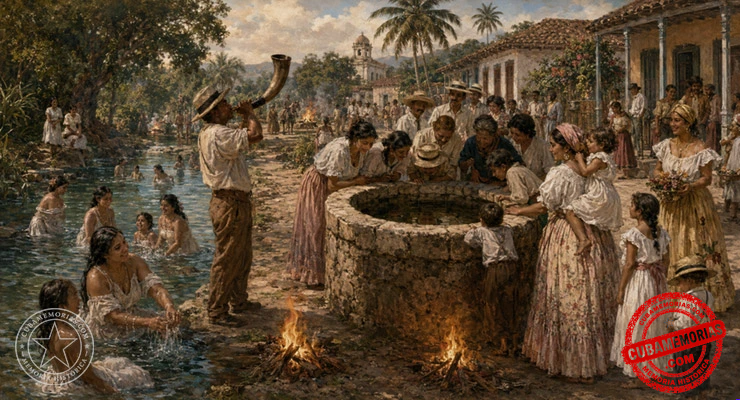 Ilustración de la fiesta de San Juan en Cuba, con mujeres bañándose en el río, vecinos mirando el fondo de un pozo y un hombre tocando un guamo.