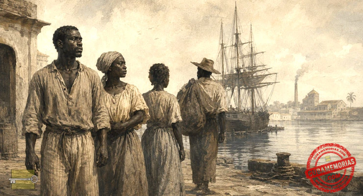Esclavitud en Cuba: afrodescendientes en un puerto colonial, con un velero y un ingenio azucarero al fondo.