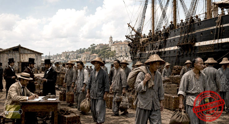 Recreación histórica de la inmigración china en Cuba con la llegada de colonos chinos al puerto de La Habana en 1847.