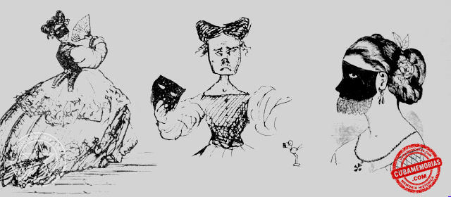 Collage de tres figuras femeninas con abanico, careta y antifaces, relacionadas con los bailes de máscaras habaneros del siglo XIX.
