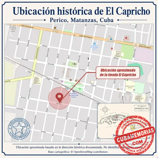 Plano actual de Perico con la ubicación aproximada de la tienda El Capricho en la esquina de Martí y Álvarez.