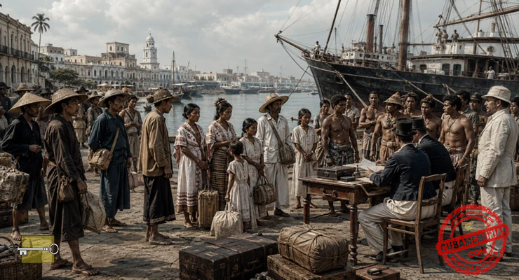 Recreación histórica de proyectos de colonización en Cuba con trabajadores yucatecos, polinesios y asiáticos en un puerto del siglo XIX.