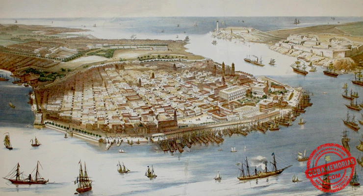 Vista general de La Habana a vuelo de pájaro hacia 1860, dibujada por Bachmann y litografiada por Asselineau.