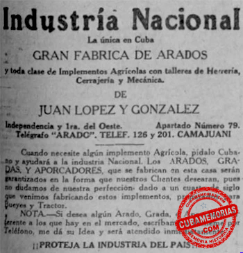 Publicidad de la fábrica de arados de Juan López en 1928.