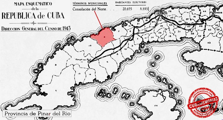 Ubicación del antiguo municipio de Consolación del Norte en la provincia de Pinar del Río según el Censo de 1943.