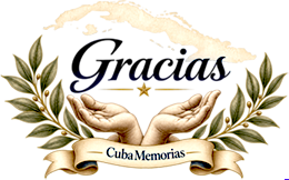 Emblema de agradecimiento de CubaMemorias con manos abiertas, mapa de Cuba y ramas ornamentales