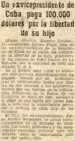 Recorte del Diario Palentino sobre el pago de 100.000 dólares por Guillermo Alonso Pujol para liberar a su hijo Jorge Alonso Bermúdez, 1962.