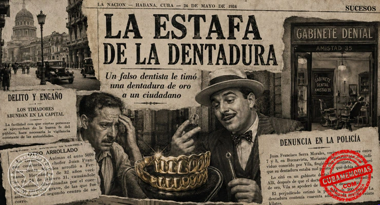 Composición artística sobre la estafa de una dentadura de oro cometida por un falso dentista en La Habana en 1934.