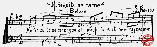 Partitura del bolero “Muñequita de carne”, canción de Figarola con versos de “Billiken”.