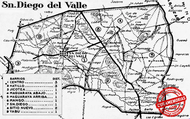 Plano del antiguo municipio de San Diego del Valle y distribución de sus barrios según el Censo de 1943.